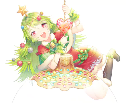 Anime-style Christmas-themed HD desktop wallpaper featuring a green-haired girl with red eyes in a festive dress, decorated with stars, hearts, and holiday ornaments.