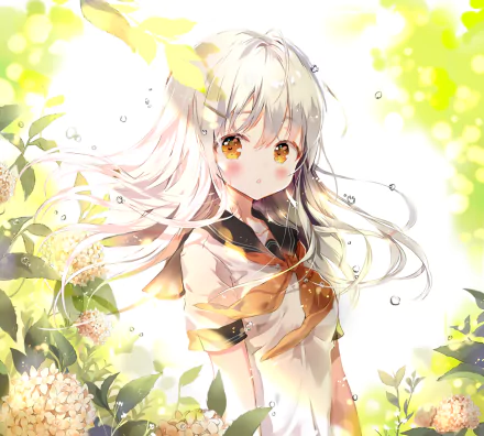 Anime girl with orange eyes and white hair in a school uniform, surrounded by leaves and flowers. High-definition desktop wallpaper.