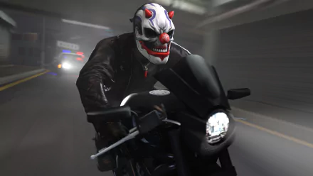HD PC wallpaper featuring Rust from Payday 2, riding a motorcycle through a dimly lit tunnel, capturing the game's intense and stealthy atmosphere.