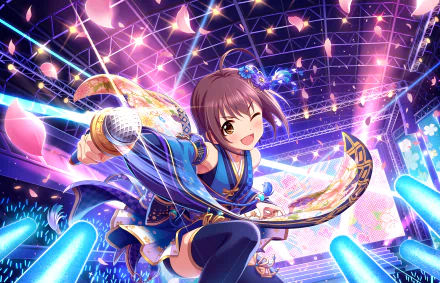 HD PC desktop wallpaper featuring Tamami Wakiyama in vibrant anime style from THE iDOLM@STER: Cinderella Girls Starlight Stage performing on a dazzling stage.