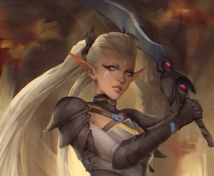 A blonde, blue-eyed elf woman warrior with long hair holds a sword, set against a fantasy backdrop in this HD PC desktop wallpaper.