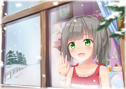 An adorable anime girl with grey hair, green eyes, and small fangs waves from inside a cozy room, with snow falling outside the window in this HD desktop wallpaper.