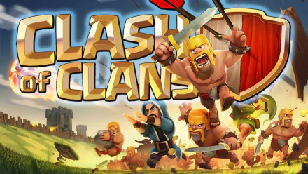 HD desktop wallpaper featuring animated Clash of Clans characters ready for battle under the game's logo.