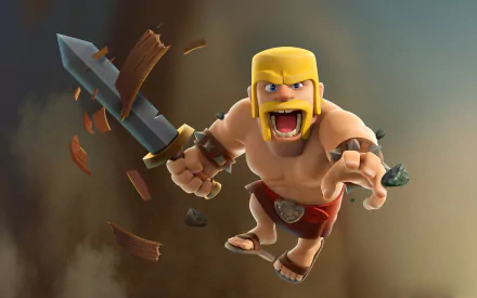 HD desktop wallpaper featuring an animated Clash of Clans warrior with a broken weapon on a dynamic background.