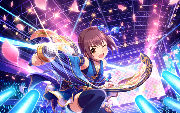 HD PC desktop wallpaper featuring Tamami Wakiyama in vibrant anime style from THE iDOLM@STER: Cinderella Girls Starlight Stage performing on a dazzling stage.