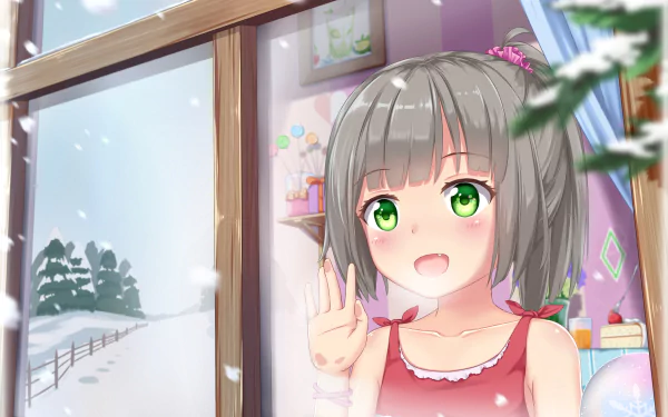 An adorable anime girl with grey hair, green eyes, and small fangs waves from inside a cozy room, with snow falling outside the window in this HD desktop wallpaper.