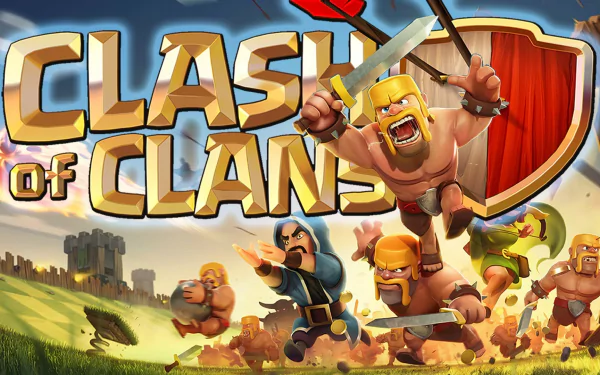 HD desktop wallpaper featuring animated Clash of Clans characters ready for battle under the game's logo.