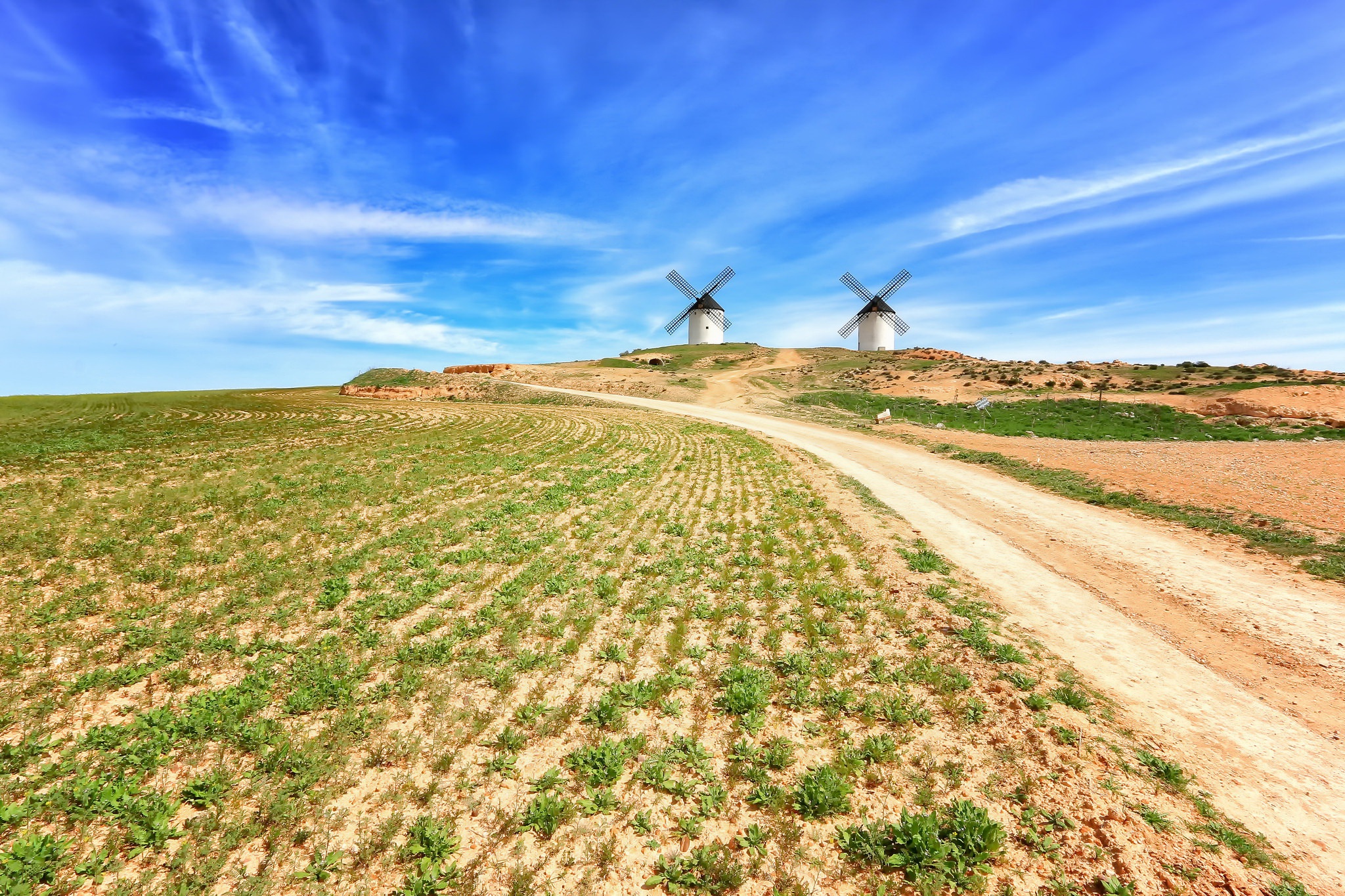 Download Sky Dirt Road Field Man Made Windmill Hd Wallpaper