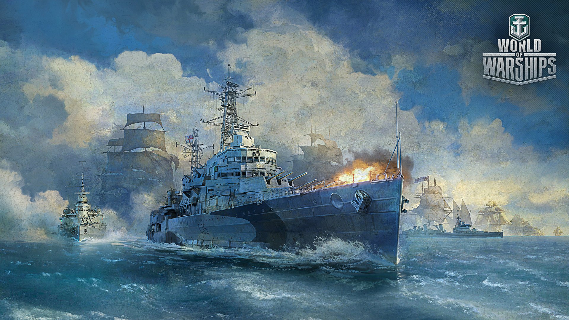 HD desktop wallpaper featuring an epic naval battle scene from the video game World of Warships, with warships firing amidst dramatic waves and clouds.