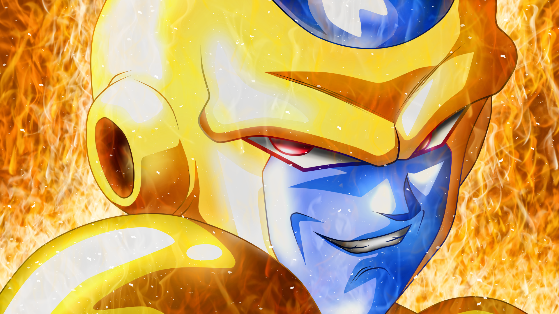 HD wallpaper of Frieza from Dragon Ball Super in his golden form, with a fiery background.