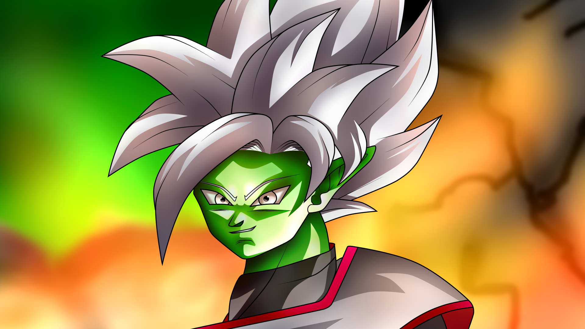 Anime 8K Ultra HD PC desktop wallpaper of Zamasu (Dragon Ball) from Dragon Ball Super — green-skinned, white-haired figure against a fiery orange and green energy background.