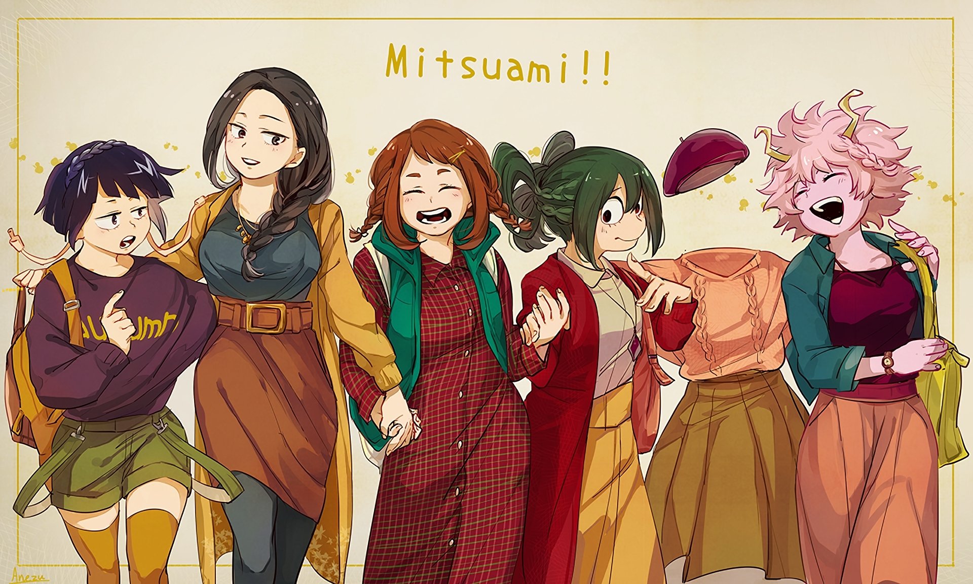 Anime HD PC desktop wallpaper featuring five cheerful female characters from My Hero Academia standing together against a light background with Mitsuami!! text above.