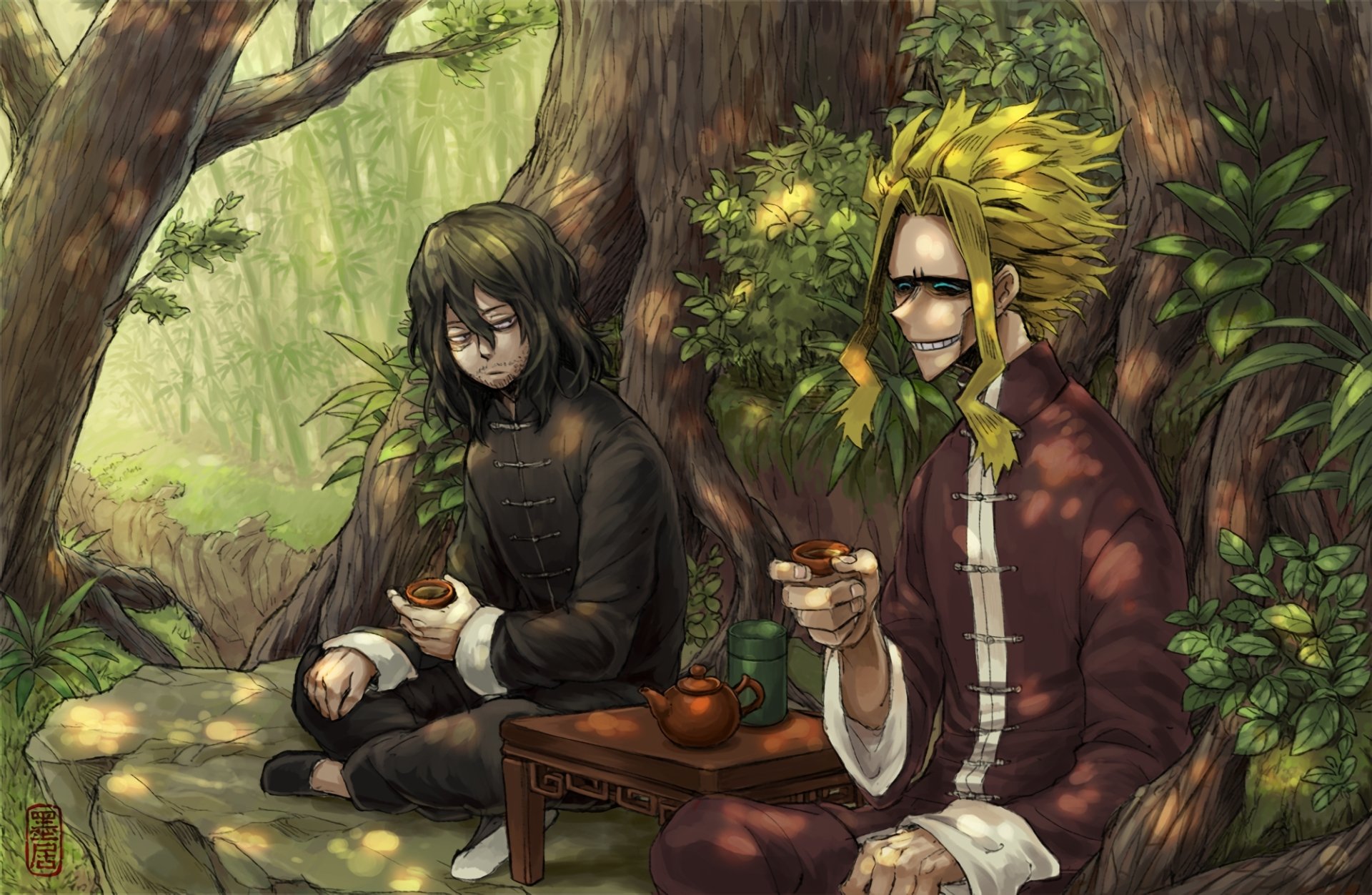 HD desktop wallpaper featuring Shouta Aizawa and All Might from the anime My Hero Academia, sitting and having tea in a serene, lush forest setting.