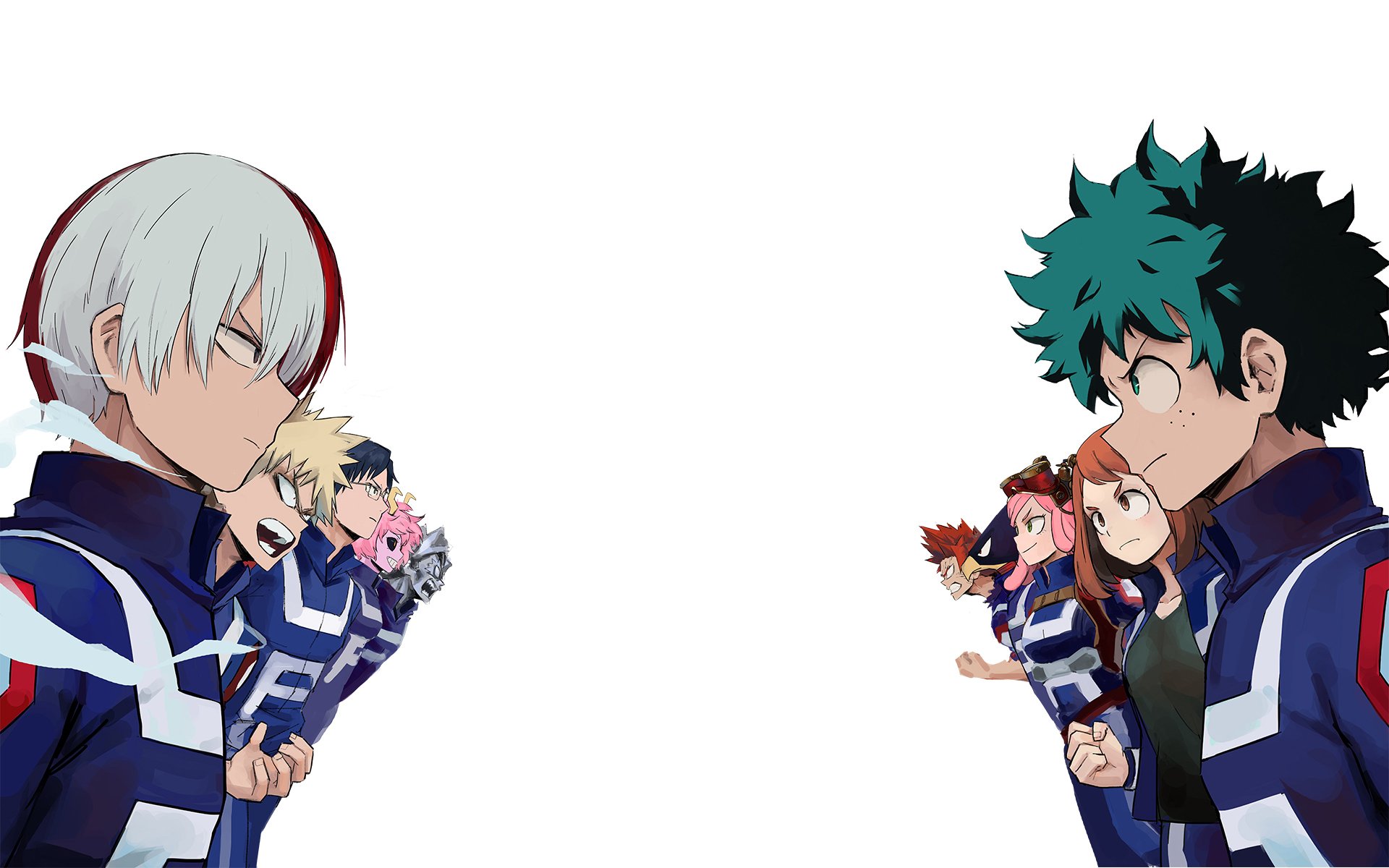 My Hero Academia HD wallpaper featuring Tetsutetsu, Iida, Ashido, Bakugou, Todoroki, Kirishima, Tokoyami, Uraraka, Hatsume, and Midoriya facing off against each other.