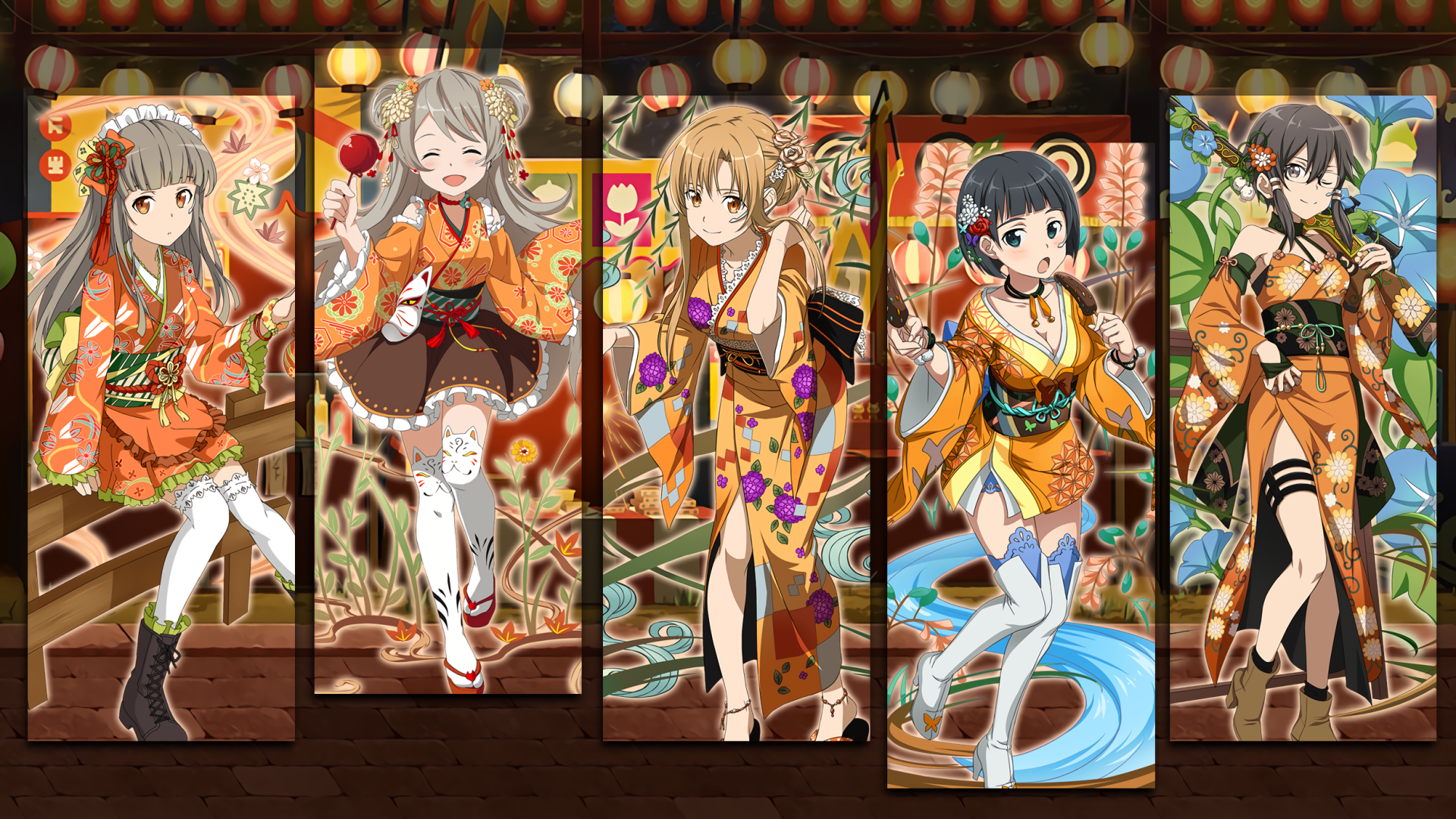 HD PC desktop wallpaper featuring anime characters from Sword Art Online: Memory Defrag dressed in colorful yukata, set against a festive, lantern-lit background.