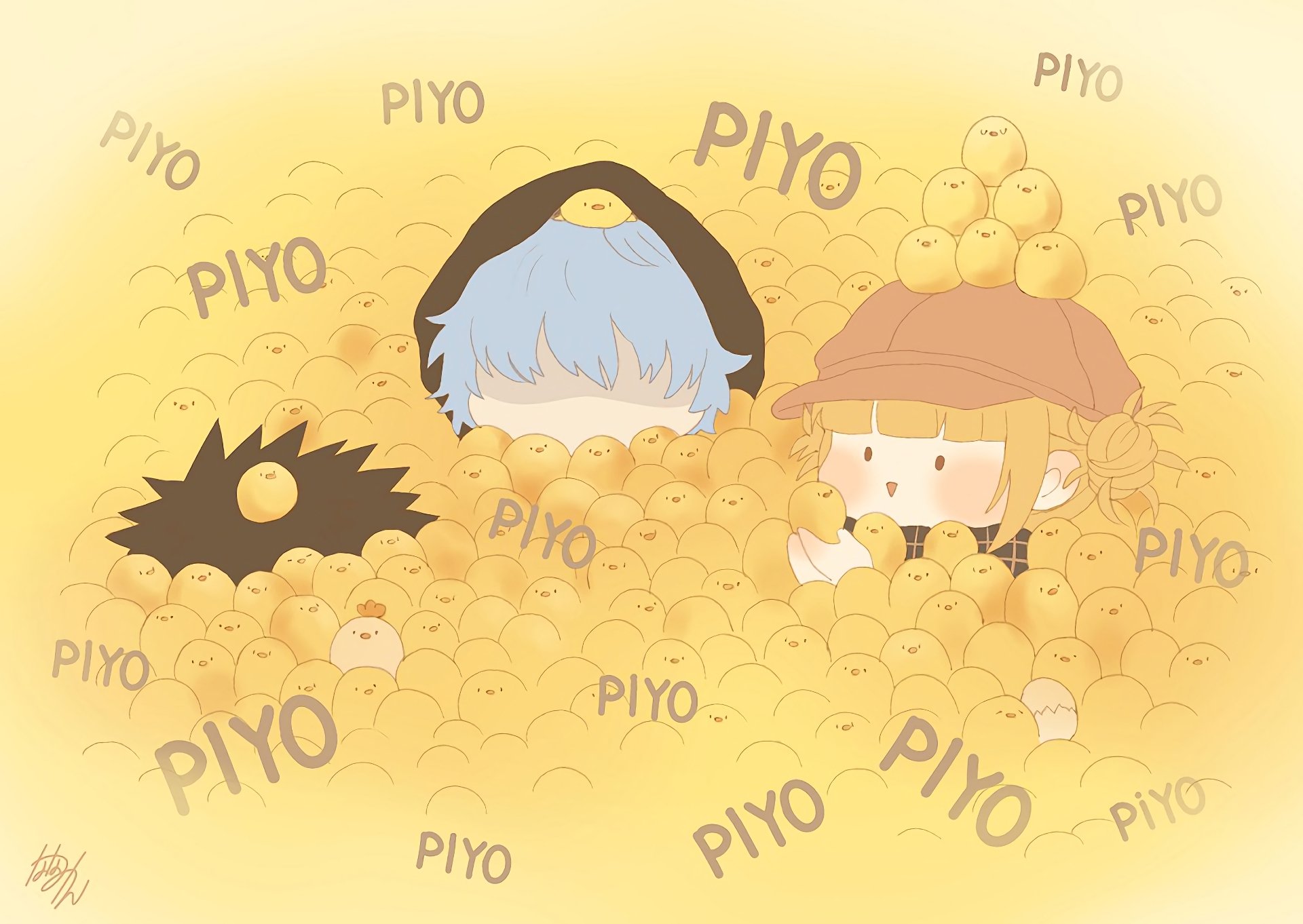 Anime HD PC desktop wallpaper featuring chibi-style characters from My Hero Academia surrounded by numerous small, yellow chicks with PIYO text scattered around.