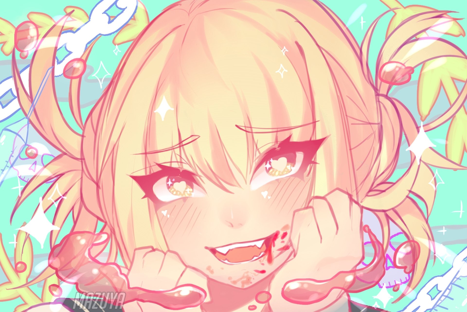 HD desktop wallpaper featuring Himiko Toga from My Hero Academia, showing her close-up with a mischievous smile, vibrant colors, and dynamic background elements.