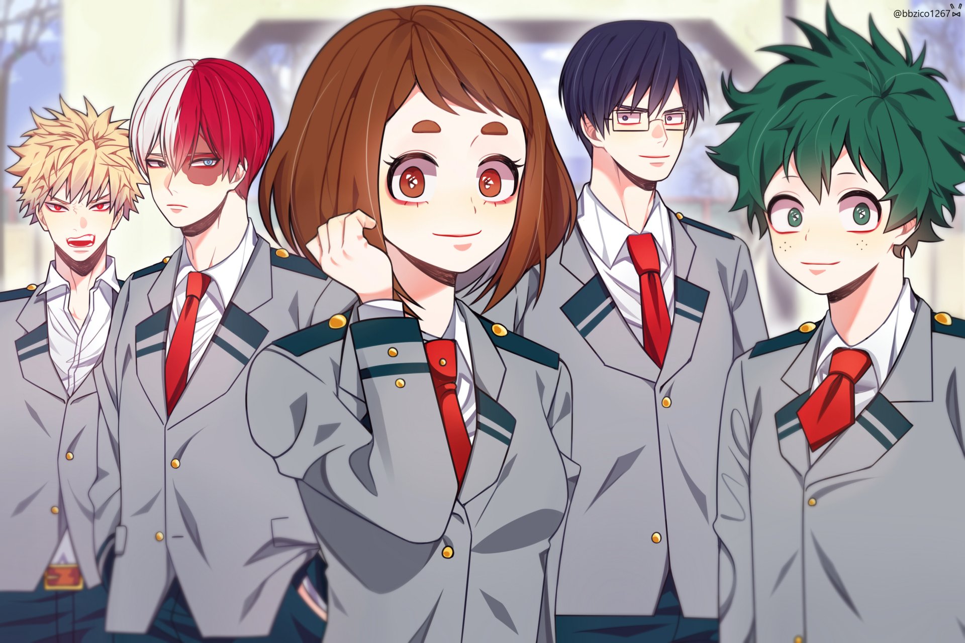 HD desktop wallpaper featuring Tenya Iida, Shoto Todoroki, Katsuki Bakugou, Izuku Midoriya, and Ochaco Uraraka from the anime My Hero Academia.