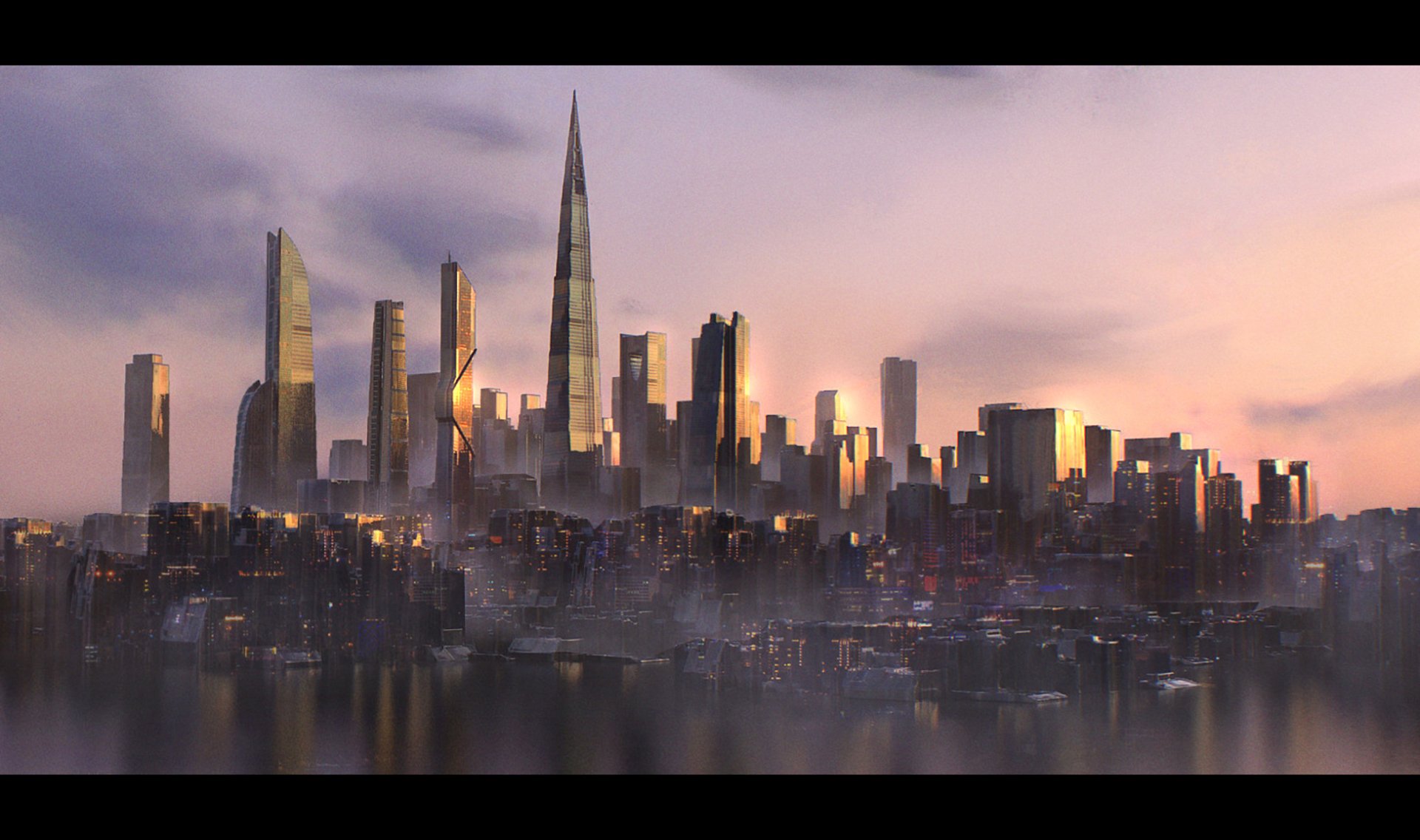 A futuristic sci-fi city skyline with towering skyscrapers under a vibrant sky, captured in a HD PC desktop wallpaper and background.