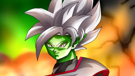 Anime 8K Ultra HD PC desktop wallpaper of Zamasu (Dragon Ball) from Dragon Ball Super — green-skinned, white-haired figure against a fiery orange and green energy background.