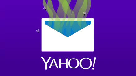 HD desktop wallpaper featuring a stylized Yahoo envelope with emerging colorful abstract shapes on a purple background.