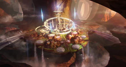 Fantasy anime city featuring a glowing castle and giant bird inside a vast cave, rendered in HD for PC desktop wallpaper and background.