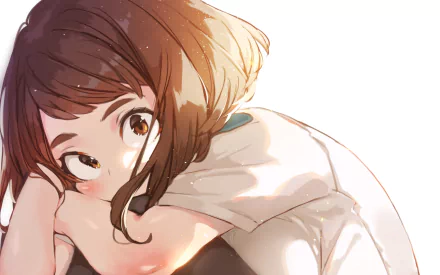 HD wallpaper featuring Ochaco Uraraka from the anime My Hero Academia, displaying a soft and thoughtful expression with detailed artwork.