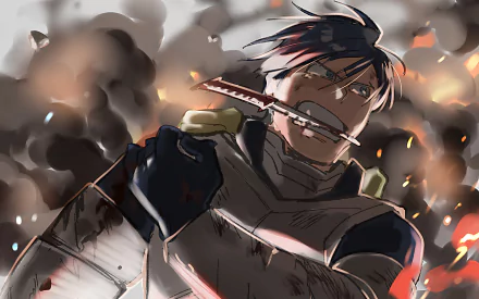 HD desktop wallpaper featuring Tenya Iida from the anime My Hero Academia, depicted in action with intense flames and smoke in the background.