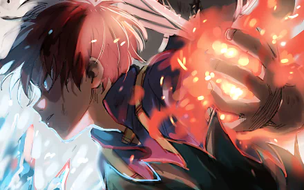 HD PC desktop wallpaper featuring Shoto Todoroki from My Hero Academia, showcasing his dual ice and fire abilities in a dynamic anime style.