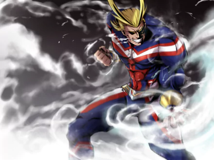 HD desktop wallpaper of All Might from My Hero Academia, smiling confidently in his hero costume amidst swirling smoke. The character Toshinori Yagi, with blonde hair, stands strong and ready for action.