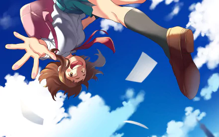 HD PC desktop wallpaper featuring Ochaco Uraraka from My Hero Academia against a bright blue sky with scattered white papers in dynamic anime style.