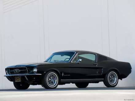 Black Ford Mustang Fastback muscle car parked before a white wall, sleek classic vehicle profile — HD PC desktop wallpaper/background.
