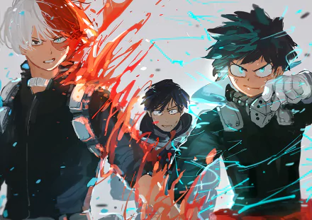 HD desktop wallpaper featuring Tenya Iida, Izuku Midoriya, and Shoto Todoroki from the anime My Hero Academia, in an intense action scene.