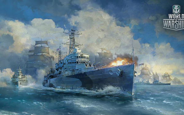 HD desktop wallpaper featuring an epic naval battle scene from the video game World of Warships, with warships firing amidst dramatic waves and clouds.