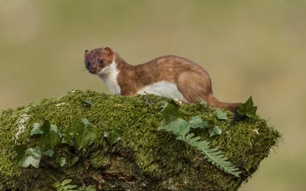 Stoat perched on a moss-covered log with soft green bokeh — 2K Quad HD PC desktop wallpaper and background.