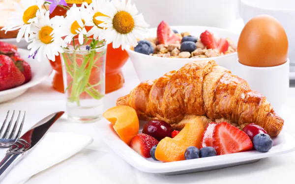 glass cereal daisy egg croissant fruit still life food breakfast HD Desktop Wallpaper | Background Image