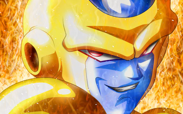 HD wallpaper of Frieza from Dragon Ball Super in his golden form, with a fiery background.