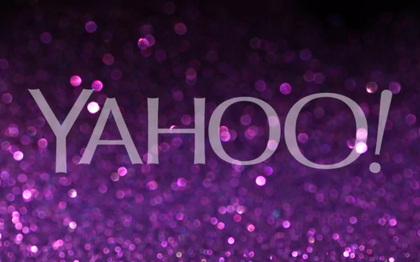 HD desktop wallpaper featuring a sparkling purple background with the Yahoo! logo centered.