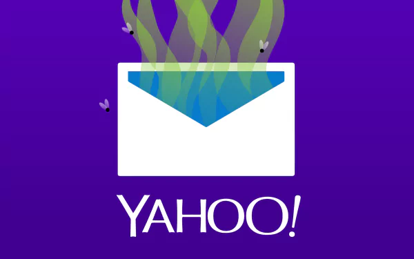 HD desktop wallpaper featuring a stylized Yahoo envelope with emerging colorful abstract shapes on a purple background.