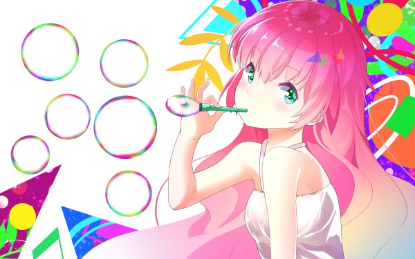 Anime Girl Pink Hair Green Eyes Bubble Long Hair Dress HD Wallpaper | Background Image