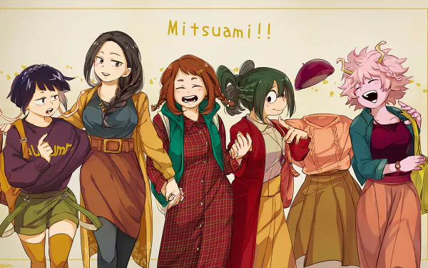 Anime HD PC desktop wallpaper featuring five cheerful female characters from My Hero Academia standing together against a light background with Mitsuami!! text above.