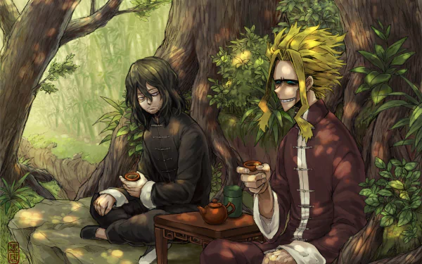 HD desktop wallpaper featuring Shouta Aizawa and All Might from the anime My Hero Academia, sitting and having tea in a serene, lush forest setting.