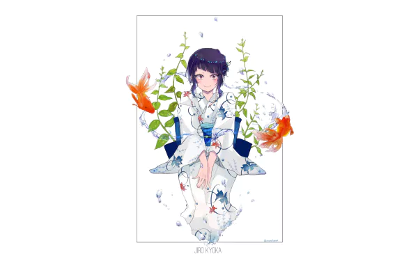 An anime wallpaper featuring Kyōka Jirō from My Hero Academia, adorned in a white kimono with floral designs. She has purple hair, pink eyes, and a blush, with vibrant flowers and goldfish in the background.