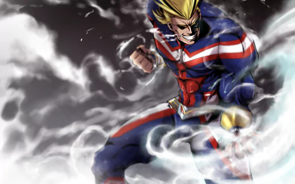 HD desktop wallpaper of All Might from My Hero Academia, smiling confidently in his hero costume amidst swirling smoke. The character Toshinori Yagi, with blonde hair, stands strong and ready for action.
