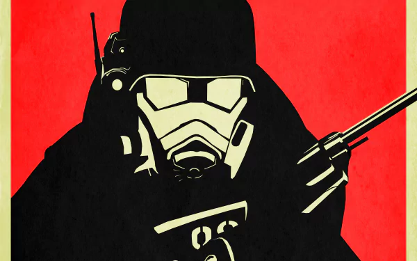 4K Ultra HD Fallout: New Vegas wallpaper featuring a stylized soldier in power armor against a bold red background, representing the iconic video game Fallout.