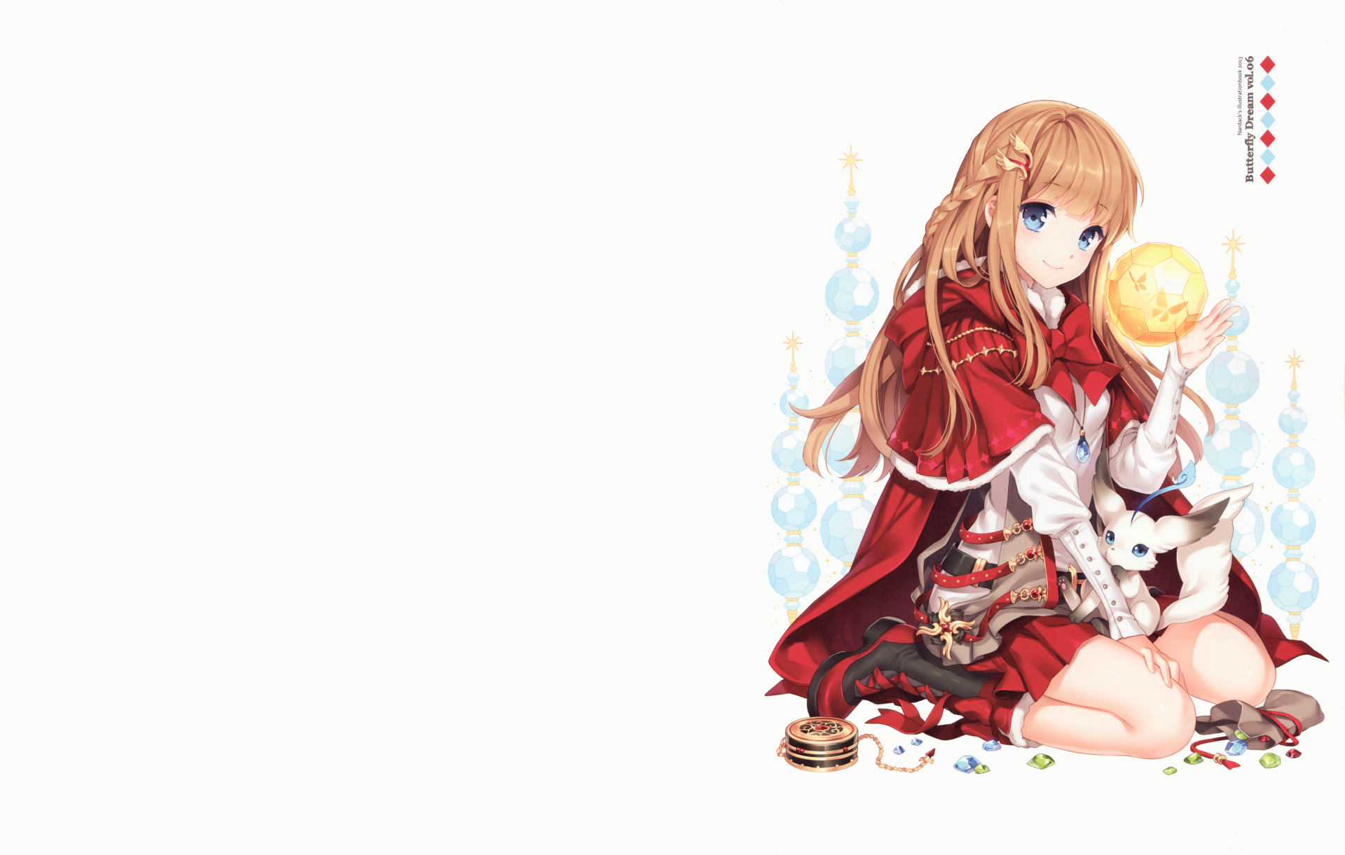 Anime-style blonde girl with long braided hair and blue eyes, wearing a red cloak with a bow and jewelry, smiling with a gentle blush, holding a glowing orb.