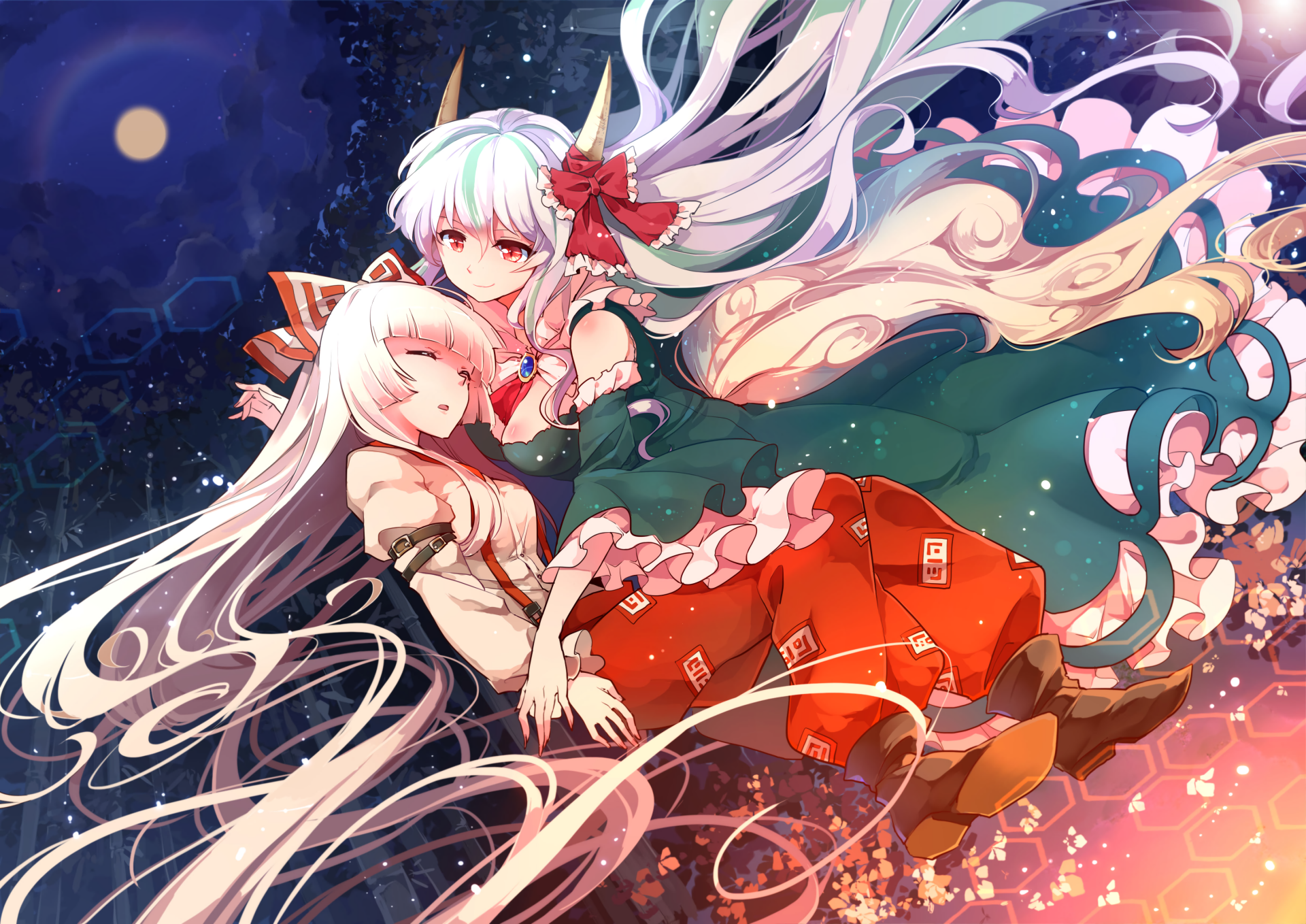 HD anime desktop wallpaper featuring Fujiwara no Mokou from Touhou, showcasing her with flowing white hair and vibrant red and green attire against a dynamic, colorful background.