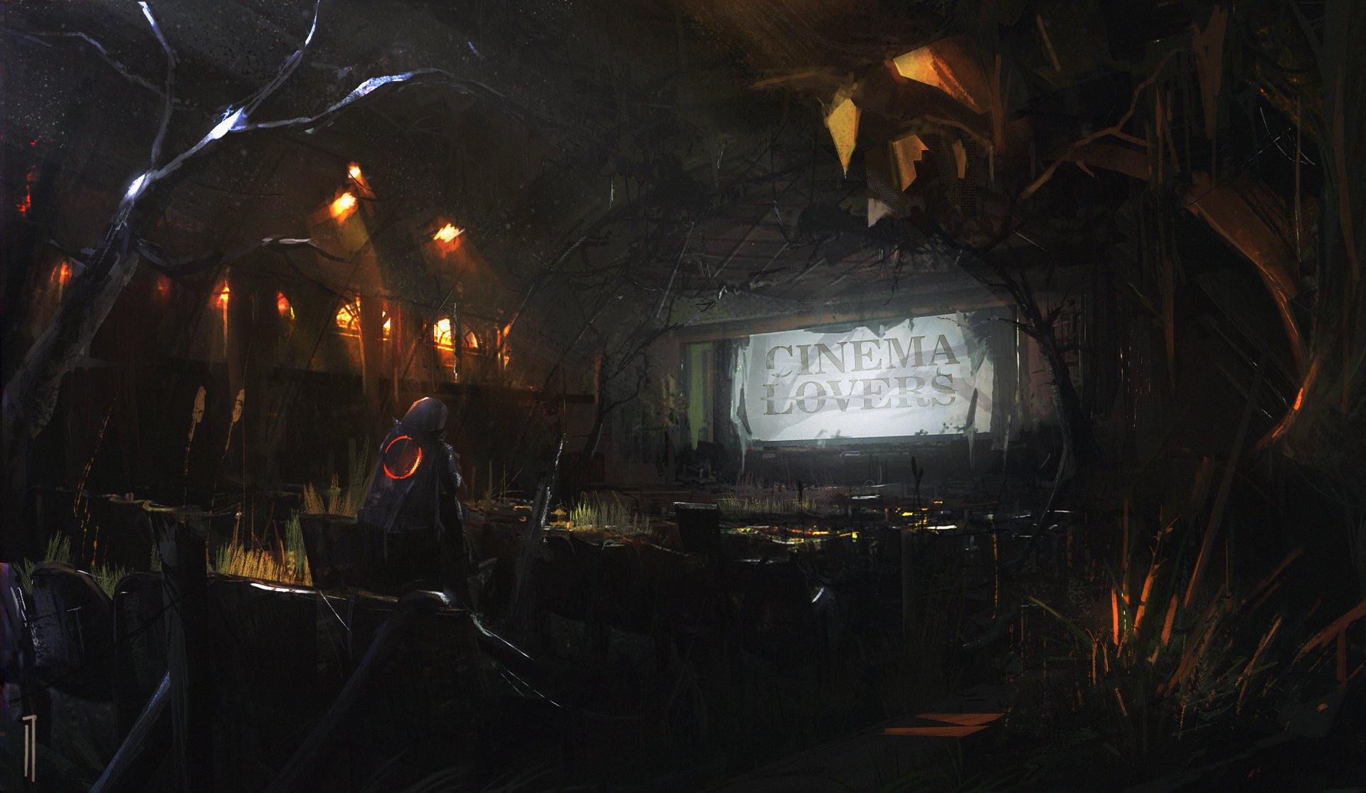 A dark, post-apocalyptic theater set in a cave with dim lights illuminating an abandoned sci-fi exploration scene on a cracked PC desktop wallpaper.