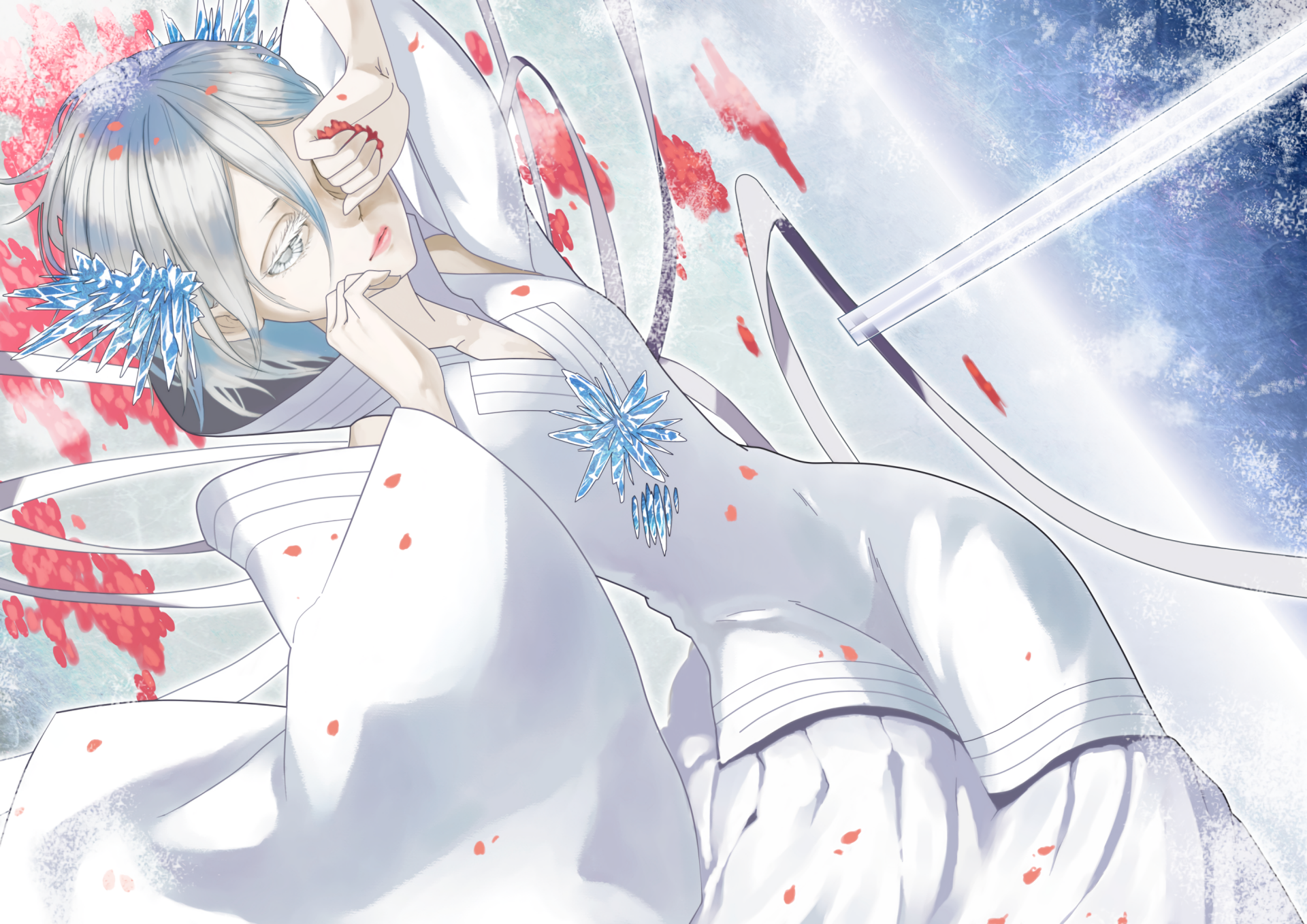 Rukia Kuchiki (Bankai) from Bleach anime, in a flowing white kimono with icy-blue accents and falling red petals, dynamic pose — 2K Quad HD PC desktop wallpaper/background