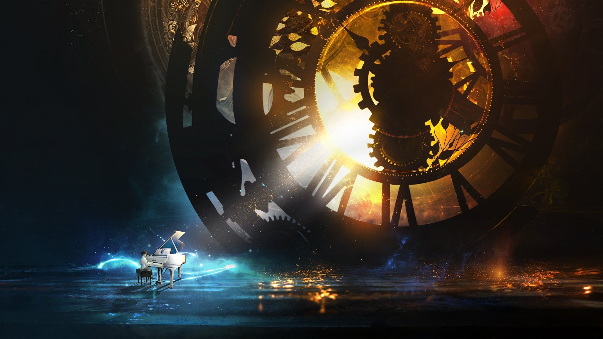 A child plays a grand piano beneath a giant clockwork sunbeam, blending fantasy and music in a vivid HD desktop wallpaper scene.